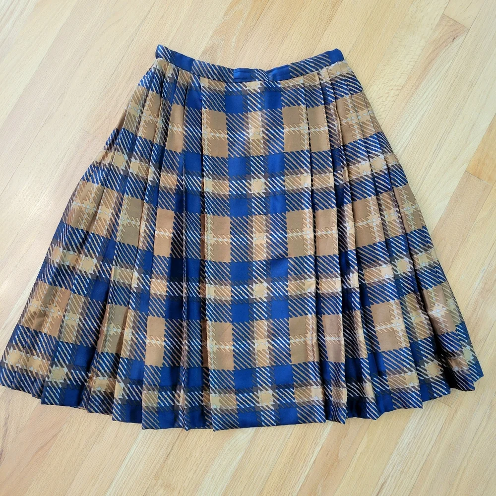 Silk Plaid Pleated Knee-length Full Skirt Navy Blue & Caramel Brown Sz 4/6/S/M - Picture 2 of 6